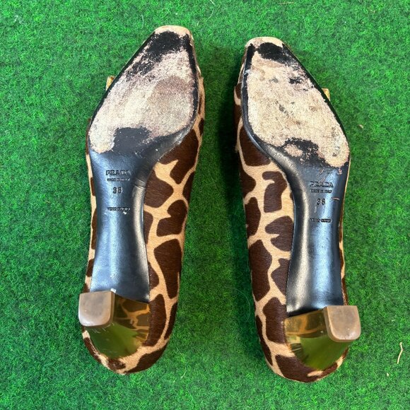 Prada Giraffe Print Gold Buckle Block Heel Loafer Pumps Size 8/ 38 - Picture 6 of 6